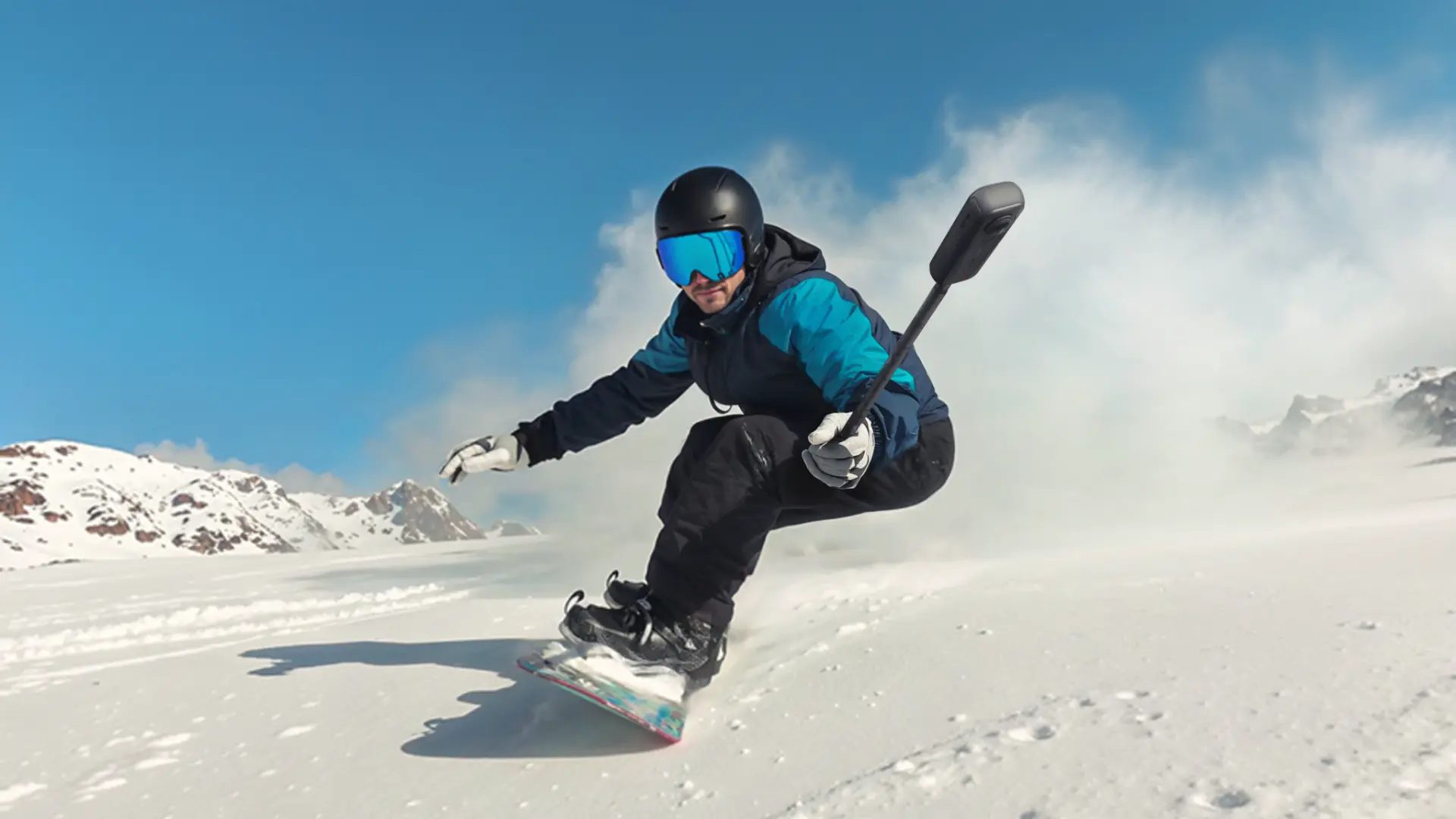 Snowboarder spraying powder while filming with an X4 Air on an invisible stick